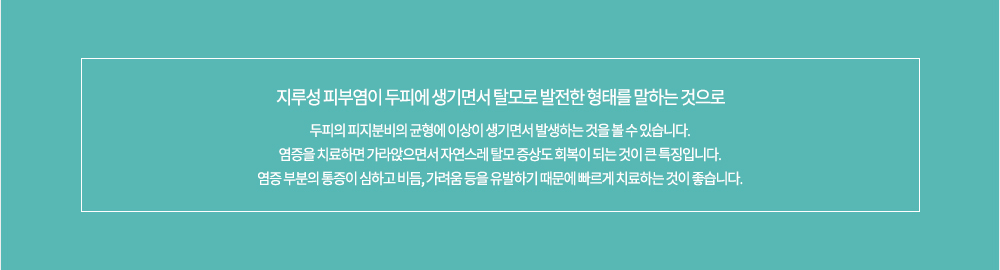 -특징
지루성 피부염이 두피에 생기면서 탈모로 발전한 형태를 말하는 것으로 두피의 피지분비의 균형에 이상이 생기면서 발생하는 것을 볼 수 있습니다. 염증을 치료하면 가라앉으면서 자연스레 탈모 증상도 회복이 되는 것이 큰 특징입니다. 염증 부분의 통증이 심하고 비듬, 가려움 등을 유발하기 때문에 빠르게 치료하는 것이 좋습니다.

