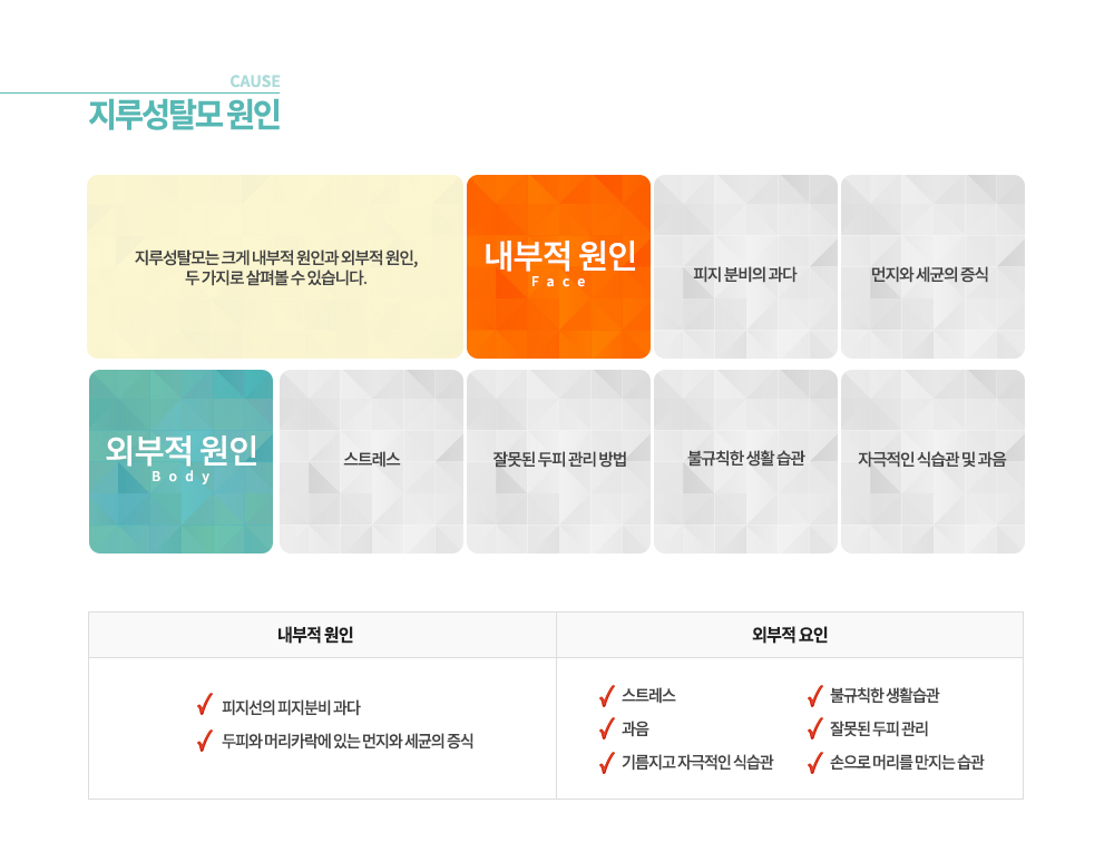 -지루성탈모 원인
지루성탈모는 크게 내부적 원인과 외부적 원인, 두 가지로 살펴볼 수 있습니다.
 
<지루성탈모의 원인 2가지>
▶ 내부적 원인
피지선의 피지분비 과다
두피와 머리카락에 있는 먼지와 세균의 증식

▶ 외부적 요인
스트레스
과음
기름지고 자극적인 식습관
불규칙한 생활습관
잘못된 두피 관리
손으로 머리를 만지는 습관
