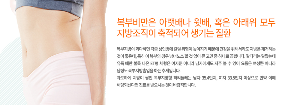 복부지방? 남녀노소 할 것 없이 저격하라!
복부비만은 아랫배나 윗배, 혹은 아래위 모두 지방조직이 축적되어 생기는 질환이라고 볼 수 있습니다. 복부지방이 과다하면 각종 성인병에 걸릴 위험이 높아지기 때문에 건강을 위해서라도 지방은 제거하는 것이 좋은데, 특히 이 복부의 경우 남녀노소 할 것 없이 큰 고민 중 하나로 꼽힙니다. 팔다리는 말랐는데 유독 배만 불룩 나온 ET형 체형은 여자뿐 아니라 남자에게도 자주 볼 수 있어 요즘은 여성뿐 아니라 남성도 복부지방흡입을 하는 추세입니다. 
과도하게 지방이 쌓인 복부지방형 허리둘레는 남자 35.4인치, 여자 33.5인치 이상으로 만약 이에 해당되신다면 진료를 받으시는 것이 바람직합니다.
