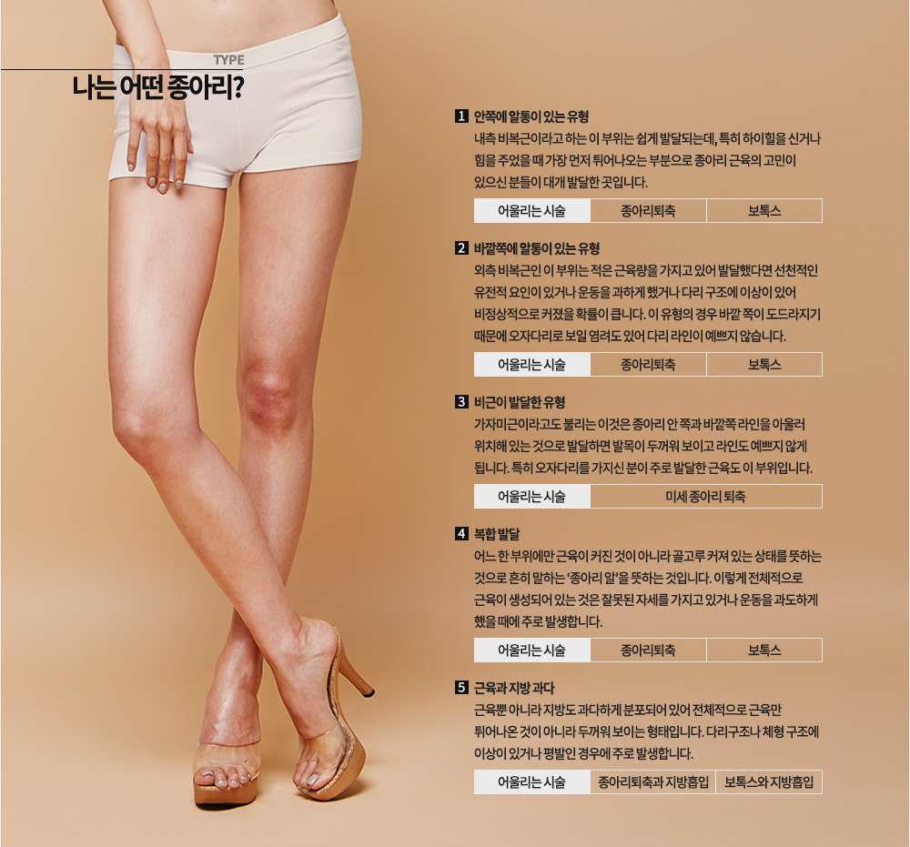 나는 어떤 종아리?
1. 안쪽에 알통이 있는 유형
내측 비복근이라고 하는 이 부위는 쉽게 발달되는데, 특히 하이힐을 신거나 힘을 주었을 때 가장 먼저 튀어나오는 부분으로 종아리 근육의 고민이 있으신 분들이 대개 발달한 곳입니다.
어울리는 시술(마우스를 대면) -> 종아리퇴축, 보톡스
2. 바깥쪽에 알통이 있는 유형
외측 비복근인 이 부위는 적은 근육량을 가지고 있어 발달했다면 선천적인 유전적 요인이 있거나 운동을 과하게 했거나 다리 구조에 이상이 있어 비정상적으로 커졌을 확률이 큽니다. 이 유형의 경우 바깥 쪽이 도드라지기 때문에 오자다리로 보일 염려도 있어 다리 라인이 예쁘지 않습니다. 
어울리는 시술(마우스를 대면) -> 종아리퇴축, 보톡스
3. 비근이 발달한 유형
가자미근이라고도 불리는 이것은 종아리 안 쪽과 바깥쪽 라인을 아울러 위치해 있는 것으로 발달하면 발목이 두꺼워 보이고 라인도 예쁘지 않게 됩니다. 특히 오자다리를 가지신 분이 주로 발달한 근육도 이 부위입니다.
어울리는 시술(마우스를 대면) -> 미세 종아리 퇴축
4. 복합 발달
어느 한 부위에만 근육이 커진 것이 아니라 골고루 커져 있는 상태를 뜻하는 것으로 흔히 말하는 ‘종아리 알’을 뜻하는 것입니다. 이렇게 전체적으로 근육이 생성되어 있는 것은 잘못된 자세를 가지고 있거나 운동을 과도하게 했을 때에 주로 발생합니다.
어울리는 시술(마우스를 대면) -> 종아리퇴축, 보톡스
5. 근육과 지방 과다
근육뿐 아니라 지방도 과다하게 분포되어 있어 전체적으로 근육만 튀어나온 것이 아니라 두꺼워 보이는 형태입니다. 다리구조나 체형 구조에 이상이 있거나 평발인 경우에 주로 발생합니다.
어울리는 시술(마우스를 대면) -> 종아리퇴축과 지방흡입, 보톡스와 지방흡입
