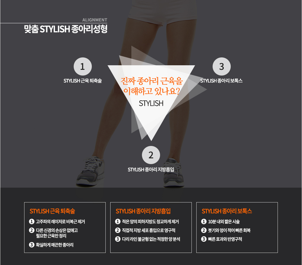 맞춤 STYLISH 종아리성형
진짜 종아리 근육을 이해하고 있나?
STYLISH 근육 퇴축술 (가운데에)
고주파의 레이저로 비복근 제거
다른 신경의 손상은 없애고 필요한 근육만 정리
확실하게 매끈한 종아리
STYLISH 종아리 지방흡입
적은 양의 피하지방도 정교하게 제거
직접적 지방 세포 흡입으로 영구적
다리 라인 불균형 없는 적정한 양 분석
STYLISH 종아리 보톡스
10분 내외 짧은 시술
붓기와 멍이 적어 빠른 회복
빠른 효과와 반영구적
