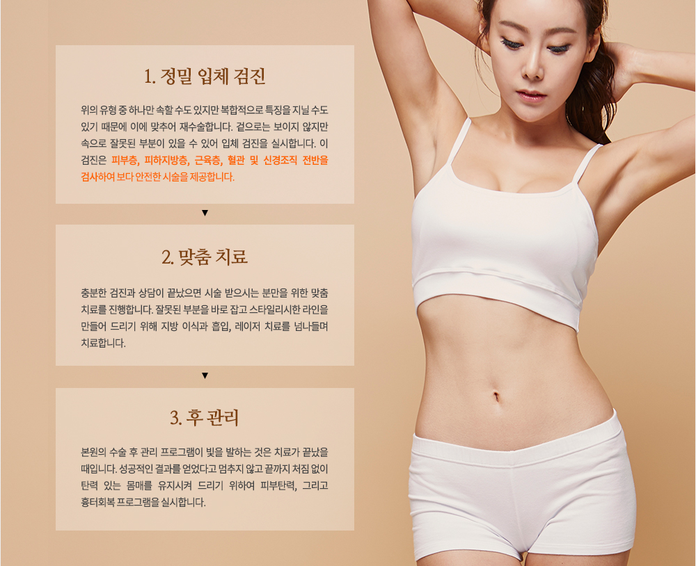 -스타일리시하게 맞춤 재수술

정밀 입체 검진 + 맞춤 치료 + 후관리
해당되는 유형과 부위에 맞추어 재수술하는 스타일리시 재수술은 본래 상태로 되돌리는 것은 물론 더 나아가 첫 수술 전 바랐던 매끈한 라인을 다시 재현시켜 드립니다. 부족한 기술로 인해 고통 받으셨을 일상을 더 이상 몸매 신경 쓰지 않고 자유롭게 누리실 수 있도록 철저하게 재수술합니다.

1.	정밀 입체 검진 : 위의 유형 중 하나만 속할 수도 있지만 복합적으로 특징을 지닐 수도 있기 때문에 이에 맞추어 재수술합니다. 겉으로는 보이지 않지만 속으로 잘못된 부분이 있을 수 있어 입체 검진을 실시합니다. 이 검진은 1피부층, 2피하지방층, 3근육층, 4혈관 및 신경조직 전반(강조를 해주셨으면 좋겠습니다. 을 검사하여 보다 안전한 시술을 제공합니다.
2.	맞춤 치료 : 충분한 검진과 상담이 끝났으면 시술 받으시는 분만을 위한 맞춤 치료를 진행합니다. 잘못된 부분을 바로 잡고 스타일리시한 라인을 만들어 드리기 위해 지방 이식과 흡입, 레이저 치료를 넘나들며 치료합니다.
3.	후 관리 : 코어성형외과만의 수술 후 관리 프로그램이 빛을 발하는 것은 치료가 끝났을 때입니다. 성공적인 결과를 얻었다고 멈추지 않고 끝까지 처짐 없이 탄력 있는 몸매를 유지시켜 드리기 위하여 피부탄력, 그리고 흉터회복 프로그램을 실시합니다.

