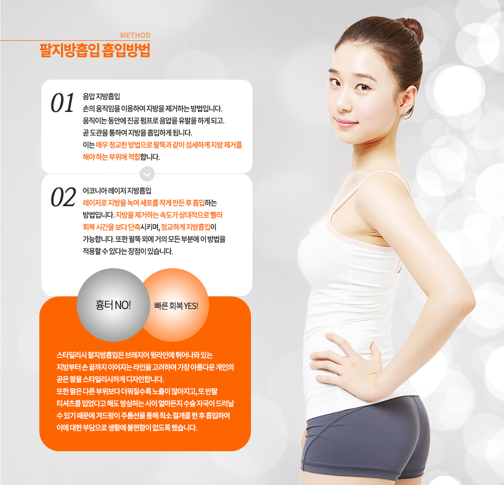 -흡입 방법
-음압 지방흡입
손의 움직임을 이용하여 지방을 제거하는 방법입니다. 움직이는 동안에 진공 펌프로 음압을 유발을 하게 되고. 곧 도관을 통하여 지방을 흡입하게 됩니다. 이는 매우 정교한 방법으로 팔뚝과 같이 섬세하게 지방 제거를 해야 하는 부위에 적합합니다. 
-어코니아 레이저 지방흡입
레이저로 지방을 녹여 세포를 작게 만든 후 흡입하는 방법입니다. 지방을 제거하는 속도가 상대적으로 빨라 회복 시간을 보다 단축시키며, 정교하게 지방흡입이 가능합니다. 또한 팔뚝 외에 거의 모든 부분에 이 방법을 적용할 수 있다는 장점이 있습니다.
!       스타일리시 팔지방흡입은 브래지어 윗라인에 튀어나와 있는 지방부터 손 끝까지 이어지는 라인을 고려하여 가장 아름다운 개인의 곧은 팔을 스타일리시하게 디자인합니다.
또한 팔은 다른 부위보다 더워질수록 노출이 많아지고, 또 반팔 티셔츠를 입었다고 해도 방심하는 사이 얼마든지 수술 자국이 드러날 수 있기 때문에 겨드랑이 주름선을 통해 최소 절개를 한 후 흡입하여 이에 대한 부담으로 생활에 불편함이 없도록 했습니다.
