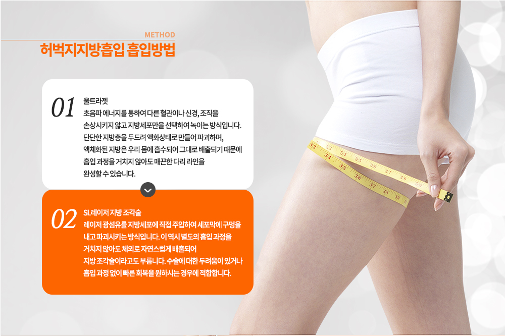 -울트라젯
초음파 에너지를 통하여 다른 혈관이나 신경, 조직을 손상시키지 않고 지방세포만을 선택하여 녹이는 방식입니다. 단단한 지방층을 두드려 액화상태로 만들어 파괴하며, 액체화된 지방은 우리 몸에 흡수되어 그대로 배출되기 때문에 흡입 과정을 거치지 않아도 매끈한 다리 라인을 완성할 수 있습니다.
-SL레이저 지방 조각술
레이저 광섬유를 지방세포에 직접 주입하여 세포막에 구멍을 내고 파괴시키는 방식입니다. 이 역시 별도의 흡입 과정을 거치지 않아도 체외로 자연스럽게 배출되어 지방 조각술이라고도 부릅니다. 수술에 대한 두려움이 있거나 흡입 과정 없이 빠른 회복을 원하시는 경우에 적합합니다.

