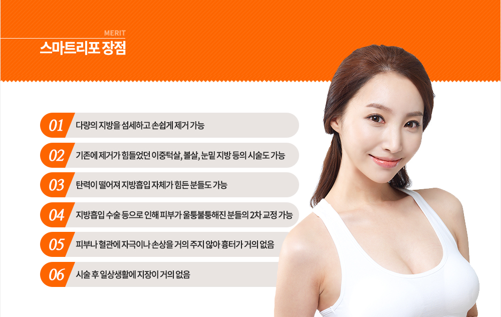 장점
-다량의 지방을 섬세하고 손쉽게 제거 가능
-기존에 제거가 힘들었던 이중턱살, 볼살, 눈밑 지방 등의 시술도 가능
-탄력이 떨어져 지방흡입 자체가 힘든 분들도 가능
-지방흡입 수술 등으로 인해 피부가 울퉁불퉁해진 분들의 2차 교정 가능
-피부나 혈관에 자극이나 손상을 거의 주지 않아 흉터가 거의 없음
-시술 후 일상생활에 지장이 거의 없음
