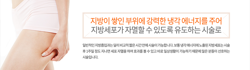 특징
지방이 쌓인 부위에 강력한 냉각 에너지를 주어 지방세포가 자멸할 수 있도록 유도하는 시술로 일반적인 지방흡입과는 달리 비교적 짧은 시간 안에 시술이 가능합니다. 보통 냉각 에너지에 노출된 지방세포는 시술 후 1주일 정도 지나면 세포 자멸을 하여 효과를 볼 수 있고 바로 일상생활이 가능하기 때문에 많은 분들이 선호하는 시술입니다.
