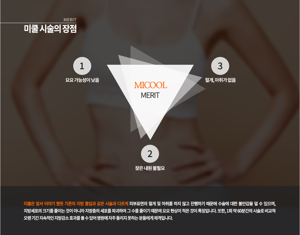 미쿨 시술의 장점
요요 가능성이 낮음, 절개, 마취가 없음, 잦은 내원 불필요
미쿨은 앞서 이야기 했듯 기존의 지방 흡입과 같은 시술과 다르게 피부표면의 절개 및 마취를 하지 않고 진행하기 때문에 수술에 대한 불안감을 덜 수 있으며, 지방세포의 크기를 줄이는 것이 아니라 지방층의 세포를 파괴하여 그 수를 줄이기 때문에 요요 현상이 적은 것이 특징입니다. 또한, 1회 약 60분간의 시술로 비교적 오랜 기간 지속적인 지방감소 효과를 볼 수 있어 병원에 자주 들리지 못하는 분들에게 제격입니다.
