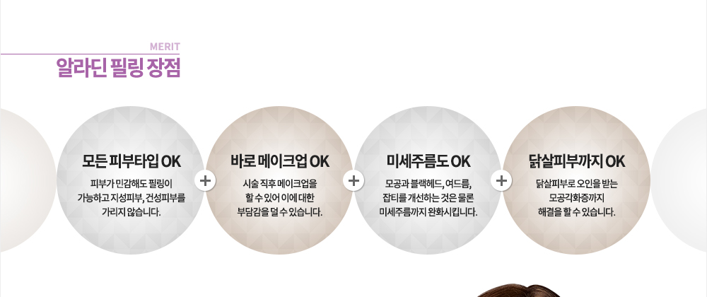 장점
모든 피부타입 OK, 바로 메이크업 OK, 미세주름도 OK, 닭살피부까지 OK
-피부가 민감해도 필링이 가능하고 지성피부, 건성피부를 가리지 않습니다.
-시술 직후 메이크업을 할 수 있어 이에 대한 부담감을 덜 수 있습니다.
-모공과 블랙헤드, 여드름, 잡티를 개선하는 것은 물론 미세주름까지 완화시킵니다.
-닭살피부로 오인을 받는 모공각화증까지 해결을 할 수 있습니다.
