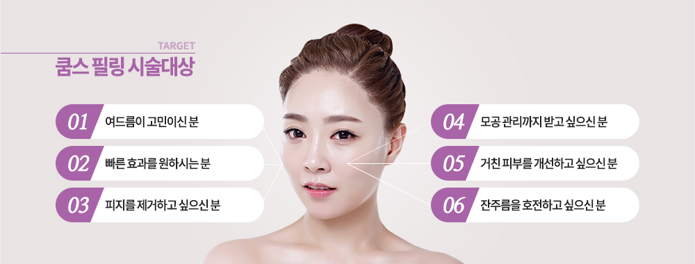 시술대상
-여드름이 고민이신 분
-빠른 효과를 원하시는 분
-피지를 제거하고 싶으신 분
-모공 관리까지 받고 싶으신 분
-거친 피부를 개선하고 싶으신 분
-잔주름을 호전하고 싶으신 분
