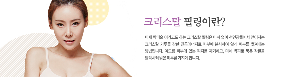 특징
미세 박피술 이라고도 하는 크리스탈 필링은 마취 없이 천연광물에서 얻어지는 크리스탈 가루를 강한 진공에너지로 피부에 분사하여 얇게 피부를 벗겨내는 방법입니다. 여드름 피부에 있는 피지를 제거하고, 미세 박피로 묵은 각질을 탈락시켜 밝은 피부를 가지게 합니다.
