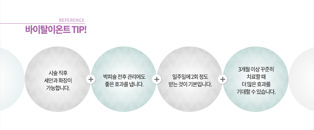 -참고!
-시술 직후 세안과 화장이 가능합니다.
-박피술 전후 관리에도 좋은 효과를 냅니다.
-일주일에 2회 정도 받는 것이 기본이며, 3개월 이상 꾸준히 치료할 때 더 많은 효과를 기대할 수 있습니다.
