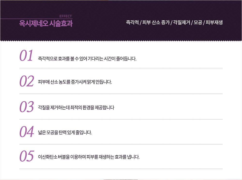 -시술효과
즉각적 / 피부 산소 증가 / 각질제거 / 모공 / 피부재생
-즉각적으로 효과를 볼 수 있어 기다리는 시간이 줄어듭니다.
-피부에 산소 농도를 증가시켜 맑게 만듭니다. 
-각질을 제거하는데 최적의 환경을 제공합니다
-넓은 모공을 탄력 있게 줄입니다.
.-이산화탄소 버블을 이용하여 피부를 재생하는 효과를 냅니다.

