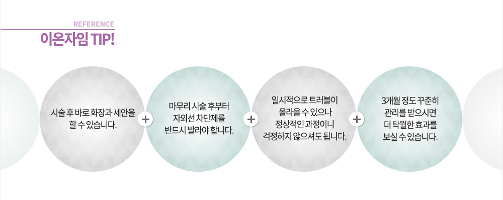 -참고!
-시술 후 바로 화장과 세안을 할 수 있습니다.
-마무리 시술 후부터 자외선 차단제를 반드시 발라야 합니다.
-일시적으로 트러블이 올라올 수 있으나 정상적인 과정이니 걱정하지 않으셔도 됩니다.
-3개월 정도 꾸준히 관리를 받으시면 더 탁월한 효과를 보실 수 있습니다.

