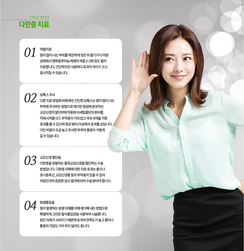 다한증 치료
1. 약물치료 : 땀이 많이 나는 부위를 깨끗하게 씻은 뒤 물기가 다 마른 상태에서 염화알루미늄 제제의 약을 2~3회 정도 발라 치료합니다. 간단하지만 사람마다 효과의 차이가 크고 일시적일 수 있습니다.
2. 보톡스 주사 : 다른 치료 방법에 비해 매우 간단한 보톡스는 땀이 많이 나는 부위에 주사하는 방법으로 에크린 땀샘에 분포하는 교감신경의 말단부에 작용해 아세틸콜린의 분비를 억제시켜줍니다. 부작용이 거의 없고 약 8~9개월 가량 효과를 볼 수 있으며 평균 90% 이상에서 효과를 보입니다. 다만 비용이 조금 높고 주사한 부위의 통증이 가볍게 생길 수 있습니다.
3. 교감신경 절단술 : 다한증을 유발하는 흉곽교감신경을 절단하는 수술 방법입니다. 다한증 자체에 대한 치료 효과는 좋으나 호너증후군, 교감신경통 등의 부작용이 있을 수 있어 의료진과의 꼼꼼한 검사 결과에 따라 수술 받아야 합니다.
4. 땀샘흡입술 : 땀이 발생하는 땀샘 자체를 아예 제거해 내는 방법으로 특별하게 고안된 절삭흡입관을 사용하여 시술합니다. 원인 자체가 사라지기 때문에 효과와 만족도가 높고 흉터나 통증의 걱정도 거의 하지 않아도 됩니다.
