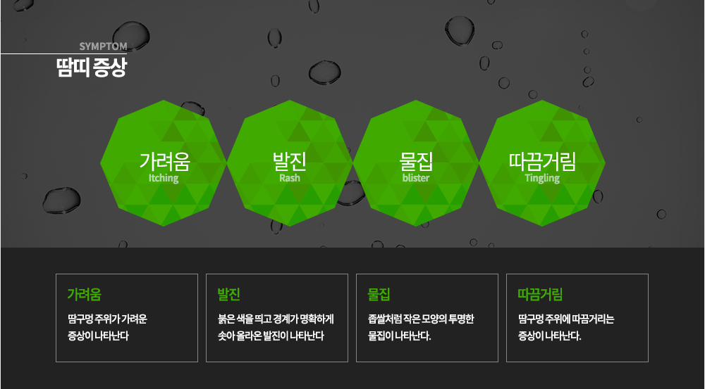 땀띠 증상
가려움
땀구멍 주위가 가려운 증상이 나타난다.
발진
붉은 색을 띄고 경계가 명확하게 솟아 올라온 발진이 나타난다
물집
좁쌀처럼 작은 모양의 투명한 물집이 나타난다.
따끔거림
땀구멍 주위에 따끔거리는 증상이 나타난다.
