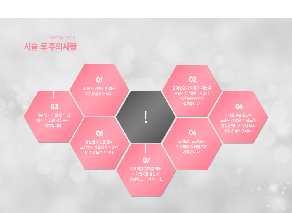 - 모세혈관 확장증 치료 후 관리
외출 시 반드시 자외선 차단제를 바릅니다.
혈액순환에 도움이 되는 약 알칼리성 식품인 채소나 과일 등을 충분히 섭취합니다.
너무 맵거나 짠 음식, 단 음식, 알코올 섭취 등은 자제합니다.
뜨거운 고온 환경에 노출되지 않을 수 있도록 찜질방이나 사우나 등의 출입은 삼가합니다.
충분한 수면을 통해 모세혈관의 흐름을 원활히 할 수 있도록 합니다.
스테로이드 연고는 전문의와 상의를 거쳐 사용합니다.
모세혈관 강화를 위해 비타민 c를 충분히 섭취하고, 금연합니다.
 