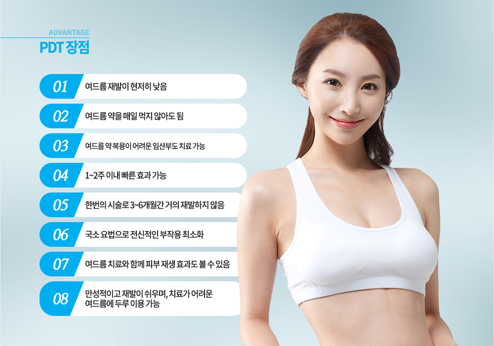 장점
여드름 재발이 현저히 낮음
여드름 약을 매일 먹지 않아도 됨
여드름 약 복용이 어려운 임산부도 치료 가능
1~2주 이내 빠른 효과 가능
한번의 시술로 3~6개월간 거의 재발하지 않음
국소 요법으로 전신적인 부작용 최소화
여드름 치료와 함께 피부 재생 효과도 볼 수 있음
만성적이고 재발이 쉬우며, 치료가 어려운 여드름에 두루 이용 가능
