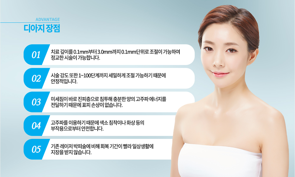장점
치료 깊이를 0.1mm부터 3.0mm까지 0.1mm단위로 조절이 가능하여 정교한 시술이 가능합니다. 시술 강도 또한 1~100단계까지 세밀하게 조절 가능하기 때문에 안정적입니다. 미세침이 바로 진피층으로 침트해 충분한 양의 고주파 에너지를 전달하기 때문에 표피 손상이 없습니다. 고주파를 이용하기 때문에 색소 침착이나 화상 등의 부작용으로부터 안전합니다. 기존 레이저 박피술에 비해 회복 기간이 빨라 일상생활에 지장을 받지 않습니다.