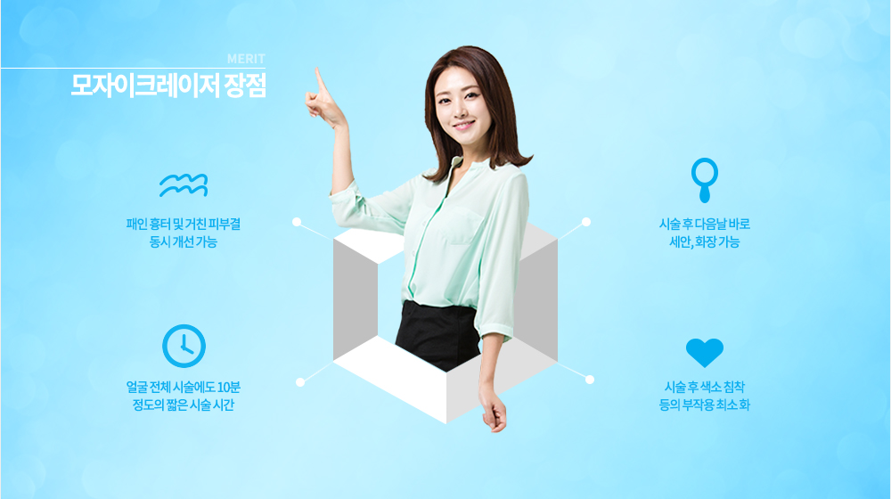 장점
패인 흉터 및 거친 피부결 동시 개선 가능
얼굴 전체 시술에도 10분 정도의 짧은 시술 시간
시술 후 다음날 바로 세안, 화장 가능
시술 후 색소 침착 등의 부작용 최소화 