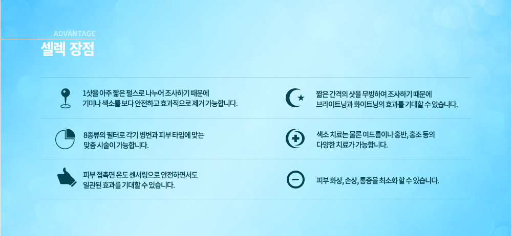 -장점
1샷을 아주 짧은 펄스로 나누어 조사하기 때문에 기미나 색소를 보다 안전하고 효과적으로 제거 가능합니다.
짧은 간격의 샷을 무빙하여 조사하기 때문에 브라이트닝과 화이트닝의 효과를 기대할 수 있습니다.
8종류의 필터로 각기 병변과 피부 타입에 맞는 맞춤 시술이 가능합니다.
색소 치료는 물로 여드름이나 홍반, 홍조 등의 다양한 치료가 가능합니다.
피부 접촉면 온도 센서링으로 안전하면서도 일관된 효과를 기대할 수 있습니다.
피부 화상, 손상, 통증을 최소화 할 수 있습니다.
