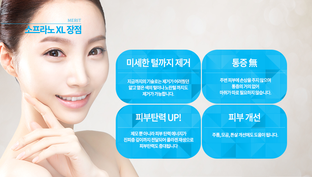 -장점
지금까지의 기술로는 제거가 어려웠던 얇고 옅은 색의 털이나 노란털 까지도 제거가 가능합니다.
주변 피부에 손상을 주지 않으며 통증의 거의 없어 마취가 따로 필요하지 않습니다.
제모 뿐 아니라 피부 탄력 에너지가 진피층 깊이까지 전달되어 콜라겐 재생으로 피부탄력도 증대됩니다.
주름, 모공, 튼살 개선에도 도움이 됩니다.




