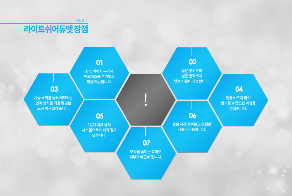 -장점
-두꺼운 털 뿐 아니라 그 동안 색이 옅어 제모가 힘들었던 털도 제거가 가능합니다.
-다양한 피부 타입에서도 소화가 가능합니다.
-굴곡이 있는 부위에도 자유롭게 시술이 가능합니다.
-에너지가 진피층까지 도달하기 때문에 콜라겐 재생 효과가 있습니다.
-에어쿨링 시스템을 적용하여 시술 시 통증이 거의 없습니다.
-주변 부위의 손상을 최소화 할 수 있습니다.
-색소 침착 등의 부작용이 거의 없고 시술 시간이 빨라 빠른 일상 생활이 가능합니다.


